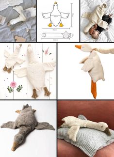 several different pictures of stuffed animals and pillows