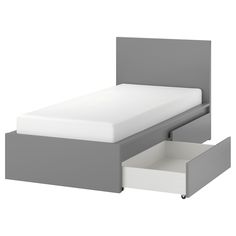 an image of a bed with two drawers in the bottom half and one side open