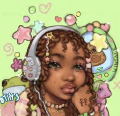 a digital painting of a girl with headphones on her ears and teddy bears around her neck