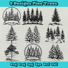 the pine trees are drawn in different styles and sizes