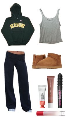 the contents of a woman's outfit including shoes, lipstick, and hoodie