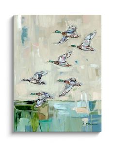 a painting of ducks flying over water