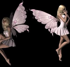 two images of a woman dressed as a fairy with wings, one in pink and the other in silver