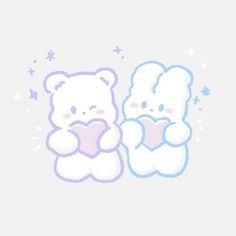 two white teddy bears sitting next to each other with hearts in their paws and stars around them