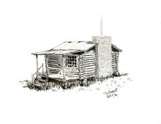 a drawing of a log cabin in the grass with a fire place on it's roof