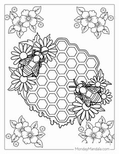 a coloring page with flowers and honeycombs