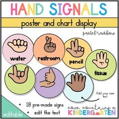 the hand signals poster and chart display for kids to learn how to use their hands