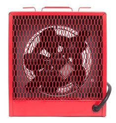 a red and black fan sitting on top of a metal caged box with an air vent