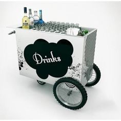 an ice cream cart with drinks on wheels and the word drinks written in white letters