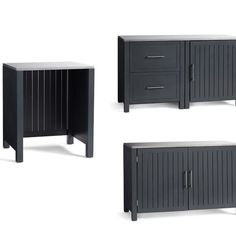 three black side tables with drawers and doors