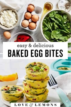 egg bites are stacked on top of each other with spinach and eggs in the background