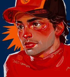 a painting of a man wearing a red hat and orange shirt with the number 35 on it