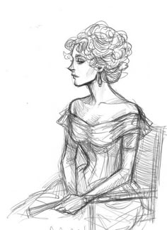 a drawing of a woman in a dress sitting on a chair with her hair pulled back