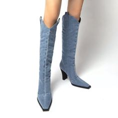 Sexy Blue Denim Jean Boots Knee High Pull On Custom Order Takes A Few Weeks Casual Fitted High Ankle Boots, Spring High Ankle Fitted Heeled Boots, Spring Fitted High Ankle Heeled Boots, Fitted High Ankle Heeled Boots For Spring, Trendy Fitted Heeled Boots With Pointed Toe, Casual Fitted Boots With Pointed Toe, Fitted Casual Boots With Pointed Toe, Chic Blue Winter Jeans, Casual Fitted Boots For Spring