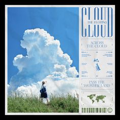 a man standing on top of a lush green field under a cloudy blue sky with clouds