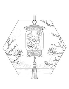 a vase with flowers and a tassel hanging from it's side on a hexagonal base