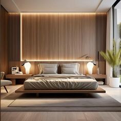 a modern bedroom with wood paneling and white bedding