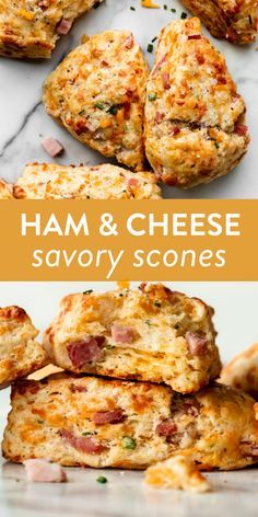 ham and cheese scones stacked on top of each other with text overlay that reads ham and cheese savory scones