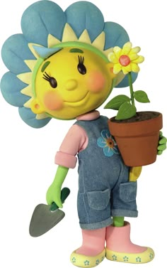 a toy doll holding a potted plant with a flower on it's head