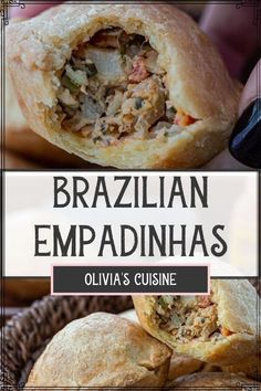 some food that is on top of a basket with the words brazilian empadinas