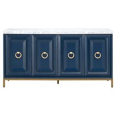 a blue cabinet with three doors and two handles