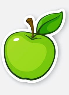 an apple sticker with a green leaf on the top and bottom, in front of a white background