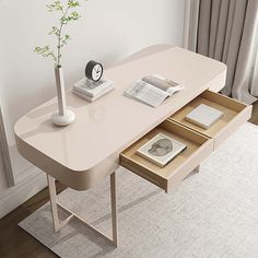 a white table with two drawers and a clock on it in front of a window