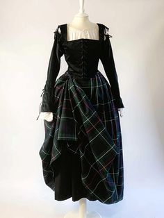 Scottish Costume in Black Velvet with Sleeves & Mackenzie Tartan Skirt - Atelier Serraspina Heritage Outfits, Chiffon Clothes, Scottish Costume, Black Velvet Corset, Mackenzie Tartan, Scottish Dress, Velvet Corset, Removable Sleeves, Black Watch Tartan