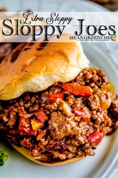 sloppy joes sandwich on a plate with broccoli