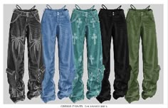 five pairs of pants with different colors and patterns