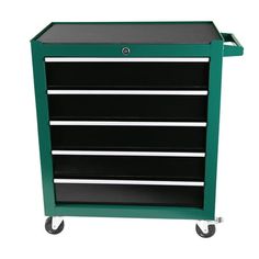 a green and black tool cabinet on wheels with four drawers in the front, two doors open