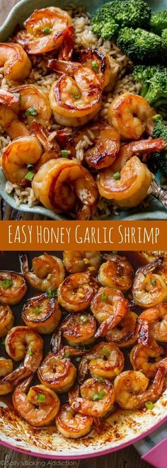 shrimp and broccoli dish with the words easy honey garlic shrimp