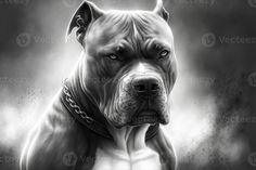 a black and white drawing of a dog with chains on it's collar, in front of a dark background