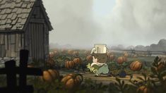 a cartoon character standing in front of a pumpkin patch