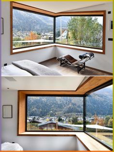 two pictures show the inside and outside of a bedroom with large windows that look out onto mountains