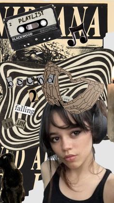 a girl with headphones is surrounded by music memorabilia and art pieces, including an audio cassette