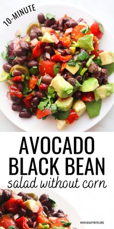 avocado black bean salad without corn on a white plate with text overlay