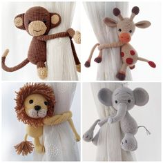 crocheted stuffed animals hanging from curtains in four different styles, including an elephant, giraffe, and monkey