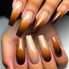 Fall Inspired Nails Square, Pedicure Ideas Brown Skin, Gel Ombré Nails, Fall Nails And Toe Nails, Chocolate Brown Fall Nails, Ombre Fall Nail Colors, Brown And Orange Ombre Nails, Shades Of Brown Nail Designs, Short Brown Ombre Nails