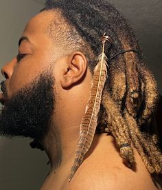 1 feather hair piece. Loc Jewelry Men, Sand Genasi, Feather In Hair, Genasi Dnd, Beads For Braids, Feather Braid, Dreadlocks Hair Care, Loc Beads, Feather Hair Pieces