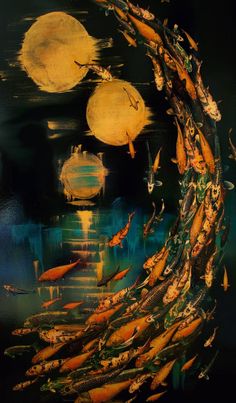 an abstract painting with many fish swimming in the water and on top of it is a full moon