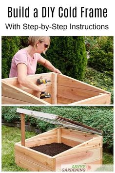 a woman is working in a garden box with the words build a diy cold frame