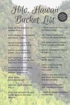 the hawaii bucket list is in front of some trees and bushes with a waterfall behind it