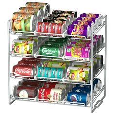 an image of a canned food rack with cans and cans on it's sides