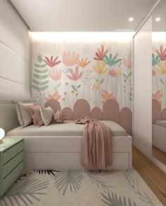 a bed room with a neatly made bed and flowers painted on the wall behind it