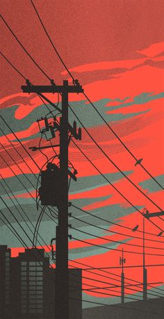 an orange and red sky with power lines in the foreground