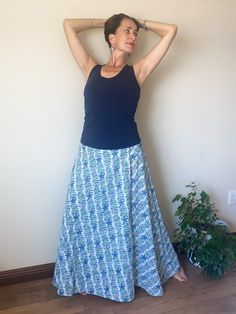 Beautiful, full-length wrap skirt with belt. Elegant and classy. White, green and blue floral block print. Length is 41.4 inches. One size. Triangle Skirt, White Wrap Skirt, Long Cotton Skirt, White Cotton Skirt, Patchwork Kimono, White Floral Skirt, Embroidery Skirt, Short Kaftan, Cotton Midi Skirt