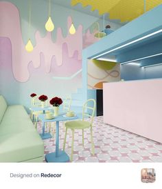 the interior of a restaurant with pastel colors and pinks on the walls, tables and chairs