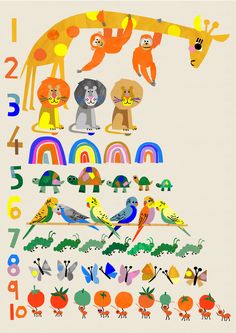 an illustrated poster with animals and numbers on it