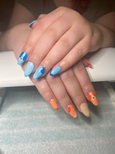 Bluey and bingo gel x nails! Bluey Nail Art Designs, Bluey Nails Design, Spring Gel X Nail Designs, Easy Colorful Nail Designs, Bluey Dog Nails, Bluey And Bingo Nail Ideas, Bluey Theme Nails, Bluey Themed Nails, Cartoon Style Nails